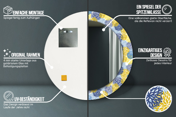 Lustro z drukowaną ramką okrągłe Niebieskie kwiaty