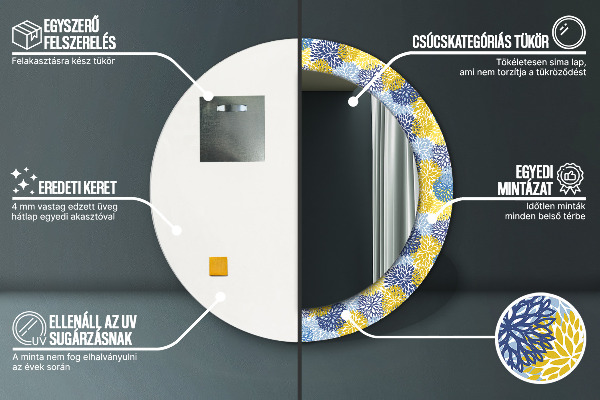 Lustro z drukowaną ramką okrągłe Niebieskie kwiaty