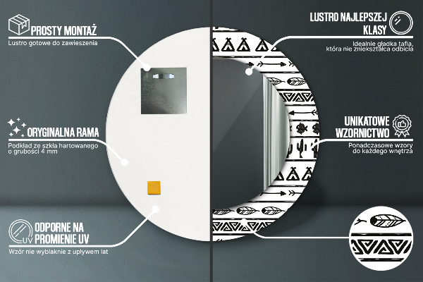 Lustro z drukowaną ramką okrągłe Boho minimalistyczny