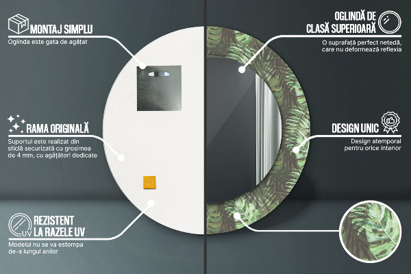 Lustro z drukowaną ramką okrągłe Liście tropikalne