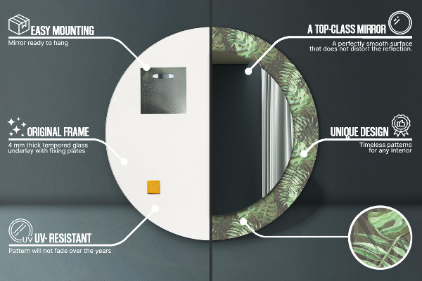 Lustro z drukowaną ramką okrągłe Liście tropikalne