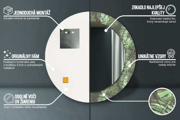 Lustro z drukowaną ramką okrągłe Liście tropikalne