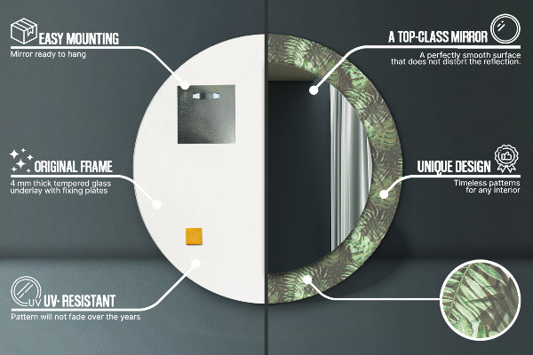 Lustro z drukowaną ramką okrągłe Liście tropikalne