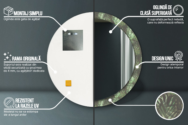 Lustro z drukowaną ramką okrągłe Liście tropikalne