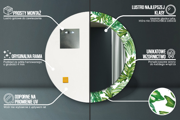 Lustro z drukowaną ramką okrągłe Liście dżungli