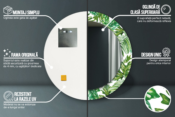 Lustro z drukowaną ramką okrągłe Liście dżungli