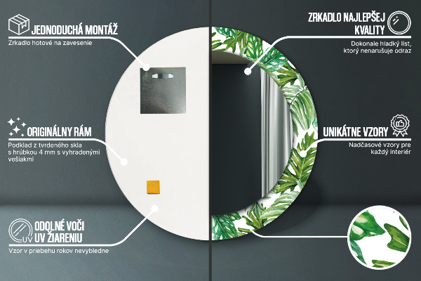Lustro z drukowaną ramką okrągłe Liście dżungli