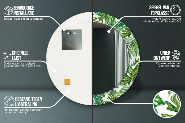 Lustro z drukowaną ramką okrągłe Liście dżungli