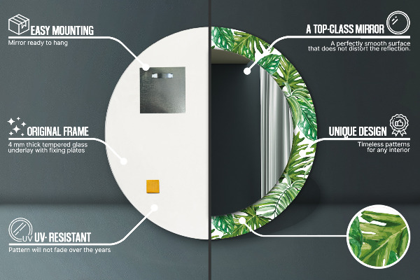 Lustro z drukowaną ramką okrągłe Liście dżungli