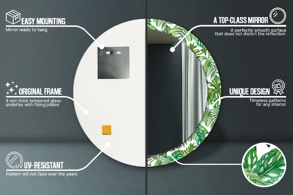 Lustro z drukowaną ramką okrągłe Liście dżungli