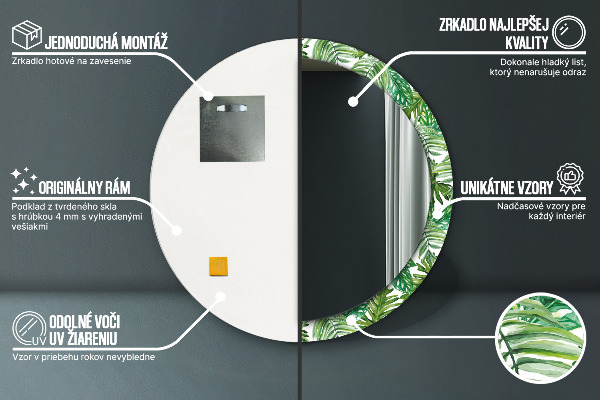 Lustro z drukowaną ramką okrągłe Liście dżungli