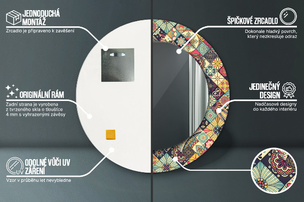 Lustro z drukowaną ramką okrągłe Etniczny kwiatowy
