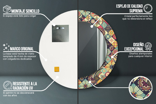 Lustro z drukowaną ramką okrągłe Etniczny kwiatowy