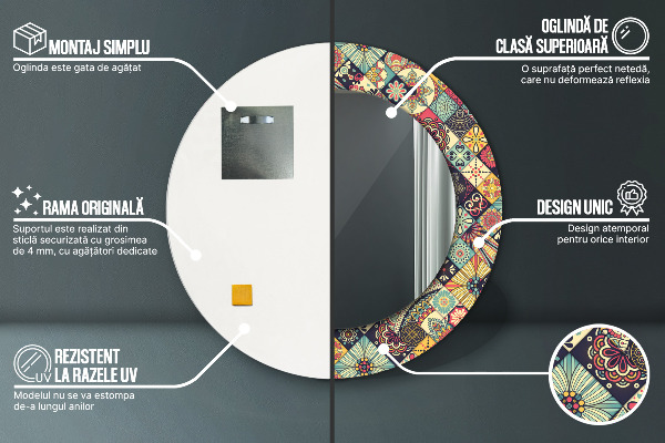 Lustro z drukowaną ramką okrągłe Etniczny kwiatowy