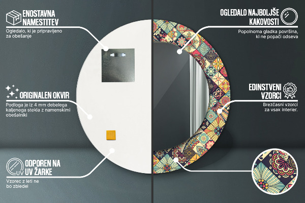 Lustro z drukowaną ramką okrągłe Etniczny kwiatowy