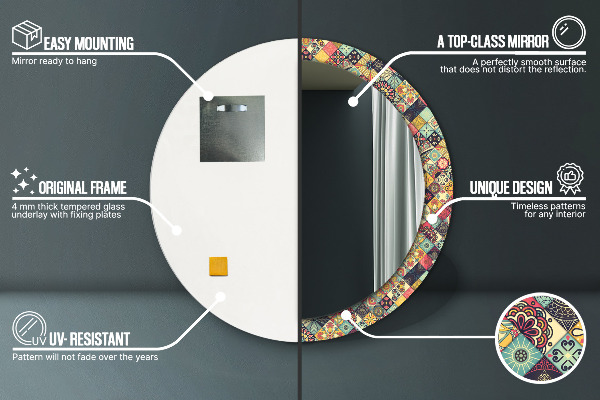 Lustro z drukowaną ramką okrągłe Etniczny kwiatowy