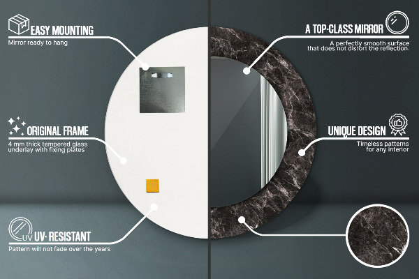 Lustro z drukowaną ramką okrągłe Czarny marmur