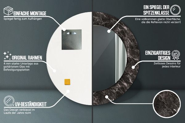 Lustro z drukowaną ramką okrągłe Czarny marmur