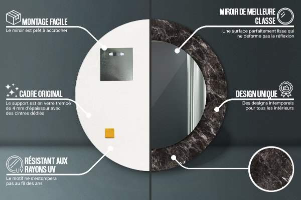 Lustro z drukowaną ramką okrągłe Czarny marmur