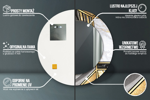 Lustro z drukowaną ramką okrągłe Marmur agat i złoto