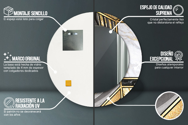 Lustro z drukowaną ramką okrągłe Marmur agat i złoto