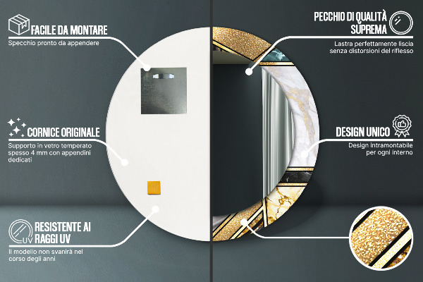 Lustro z drukowaną ramką okrągłe Marmur agat i złoto