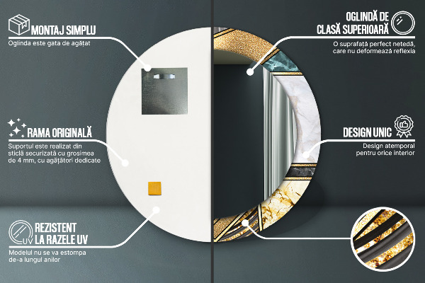 Lustro z drukowaną ramką okrągłe Marmur agat i złoto