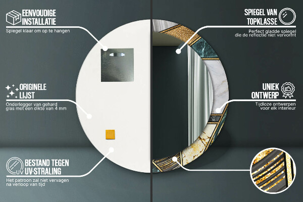 Lustro z drukowaną ramką okrągłe Marmur agat i złoto