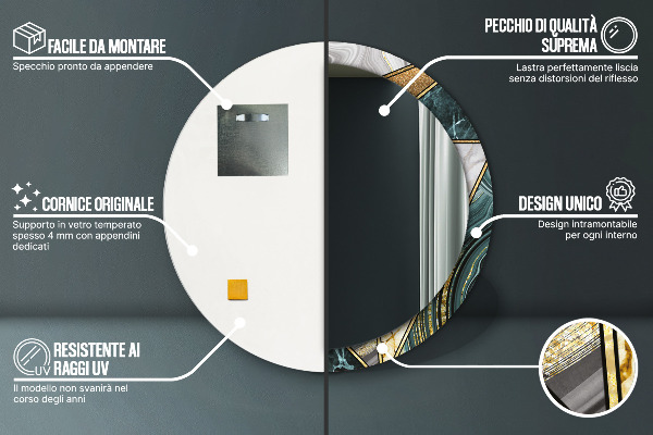 Lustro z drukowaną ramką okrągłe Marmur agat i złoto
