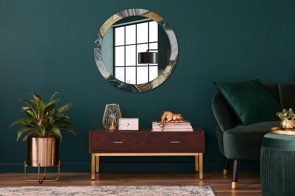 Lustro z drukowaną ramką okrągłe Marmur agat i złoto