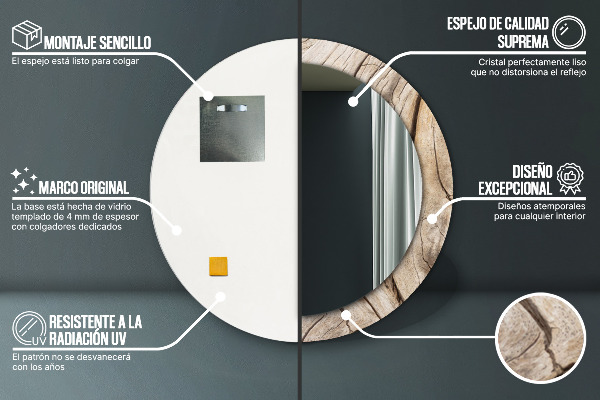Lustro z drukowaną ramką okrągłe Pęknięte drewno