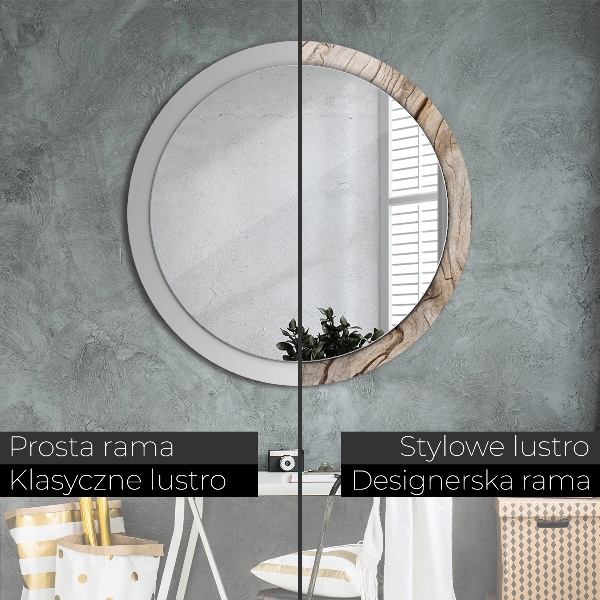 Lustro z drukowaną ramką okrągłe Pęknięte drewno