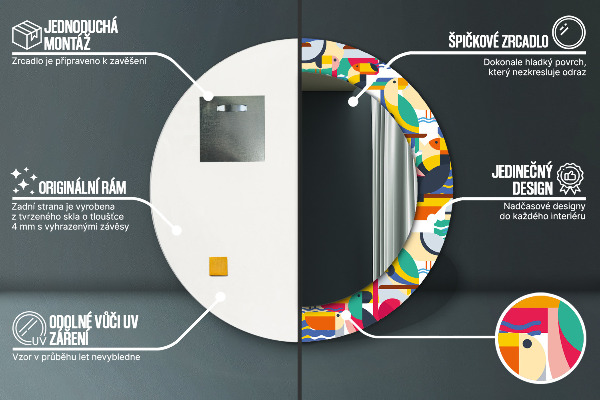 Lustro ścienne dekoracyjne okrągłe Geometryczne tropikalne ptaki