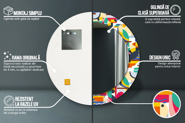 Lustro ścienne dekoracyjne okrągłe Geometryczne tropikalne ptaki