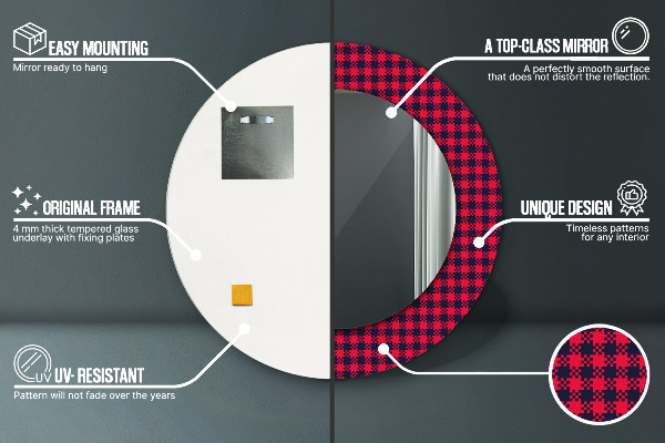 Lustro z drukowaną ramką okrągłe Czerwona kratka