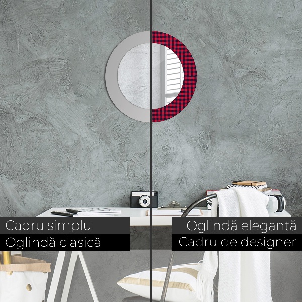 Lustro z drukowaną ramką okrągłe Czerwona kratka