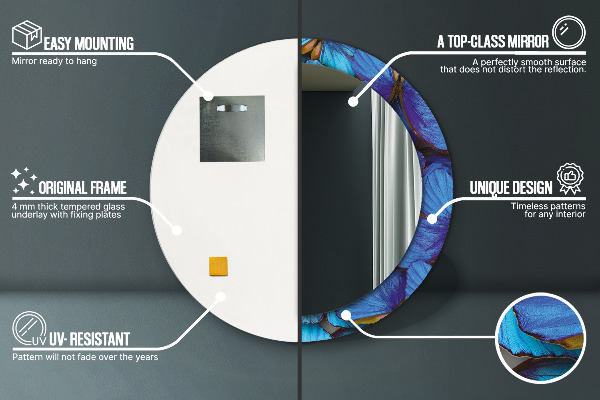 Lustro z drukowaną ramką okrągłe Niebieski i zielony motyl