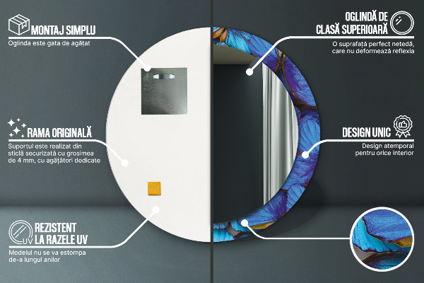 Lustro z drukowaną ramką okrągłe Niebieski i zielony motyl