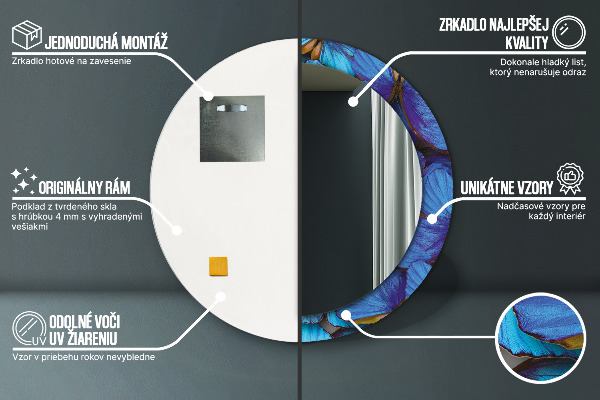 Lustro z drukowaną ramką okrągłe Niebieski i zielony motyl