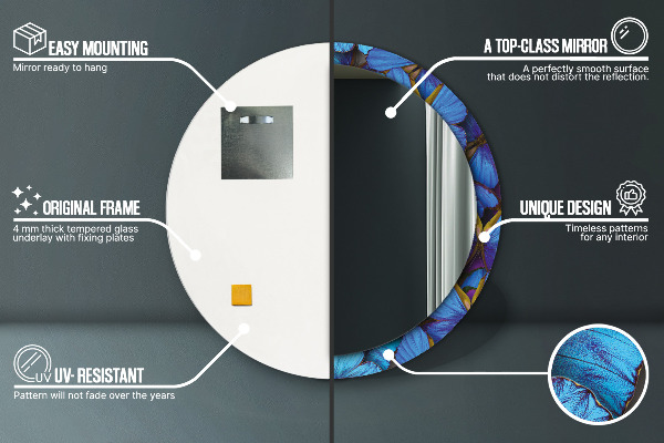 Lustro z drukowaną ramką okrągłe Niebieski i zielony motyl