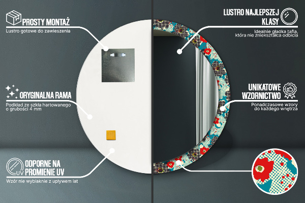 Lustro ramka z nadrukiem okrągłe Retro kwiaty wzór