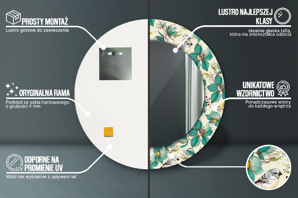 Lustro ramka z nadrukiem okrągłe Kwiaty i ptaki