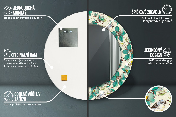 Lustro ramka z nadrukiem okrągłe Kwiaty i ptaki