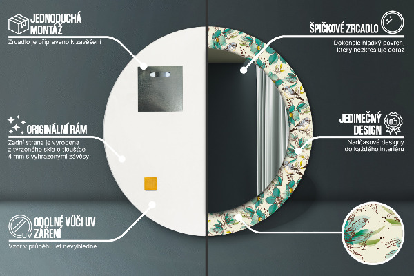 Lustro ramka z nadrukiem okrągłe Kwiaty i ptaki