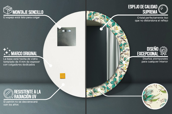 Lustro ramka z nadrukiem okrągłe Kwiaty i ptaki