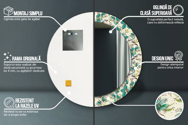 Lustro ramka z nadrukiem okrągłe Kwiaty i ptaki