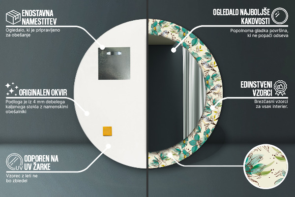 Lustro ramka z nadrukiem okrągłe Kwiaty i ptaki