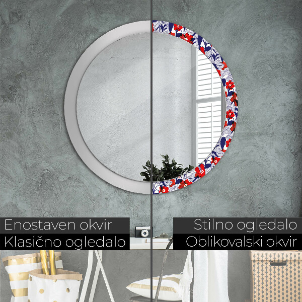 Lustro ramka z nadrukiem okrągłe Filodendron i czerwone kwiaty