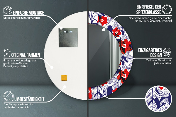 Lustro ramka z nadrukiem okrągłe Filodendron i czerwone kwiaty