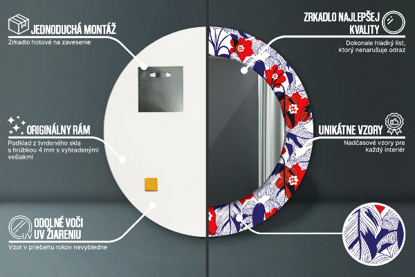 Lustro ramka z nadrukiem okrągłe Filodendron i czerwone kwiaty